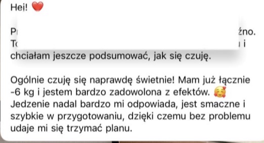 Wiadomość podopiecznej o utracie 6 kilogramów i smacznym planie żywienia